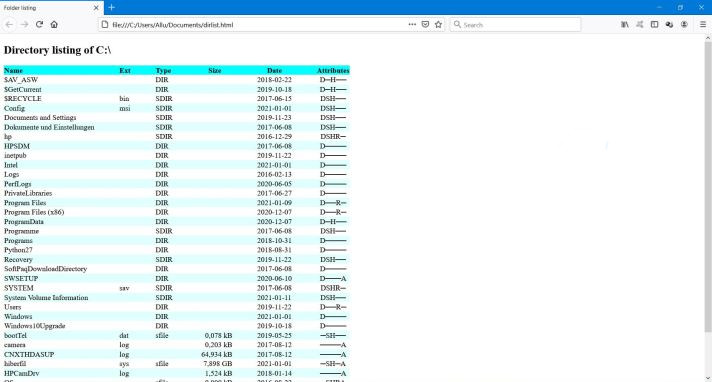 Windows folder listing application: List export to HTML file