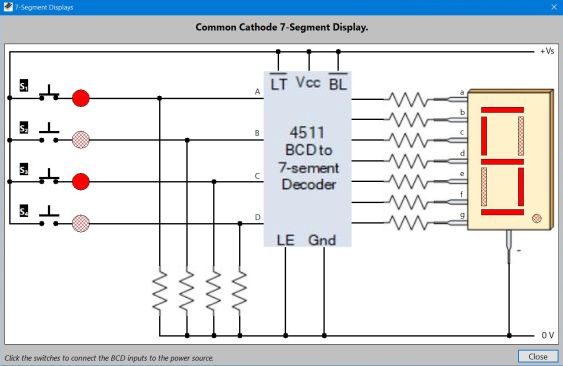 7-segment display simulation: CC BCD converter controlled by 4 switches