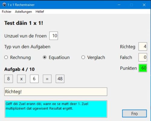 PC application in Luxembourgish: Multiplication tables exercises
