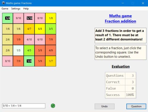 Free PC mathematics game: Fractions addition
