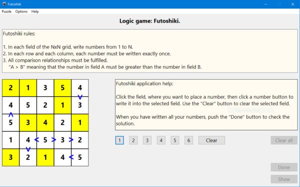 Futoshiki - a free logic game for PC