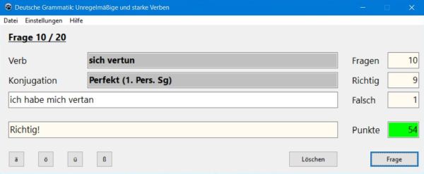 German grammar PC application: Verb conjugation exercises