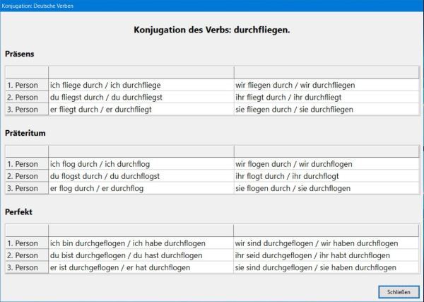 German grammar PC application: Verbs conjugation tables