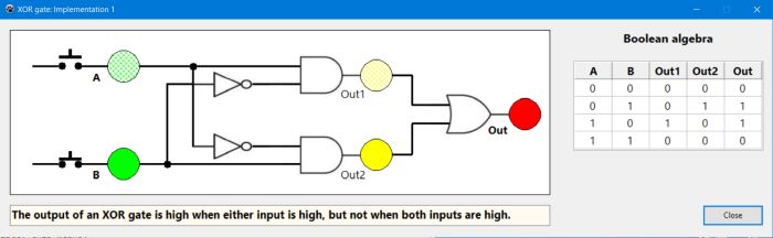 Electronics simulation: XOR gate made of AND, OR and NOT gates