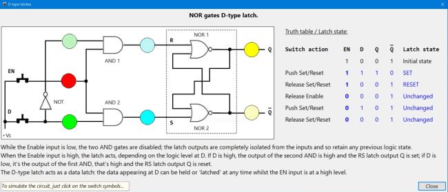 Electronics simulation: NOR gates D-type latch