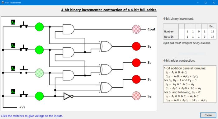 Electronics circuits PC application: Binary incrementer simulation