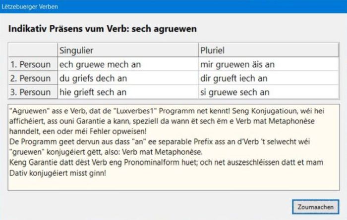 Lëtzebuergesch Verben: Indikativ Präsens Konjugatiounstafel