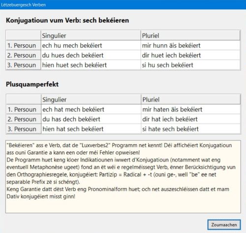 Lëtzebuergesch Verben: Zësummegesaten Zäiten Konjugatiounstafel