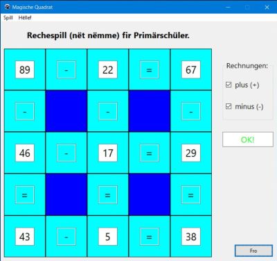Magic square arithmetic calculation game in Luxembourgish