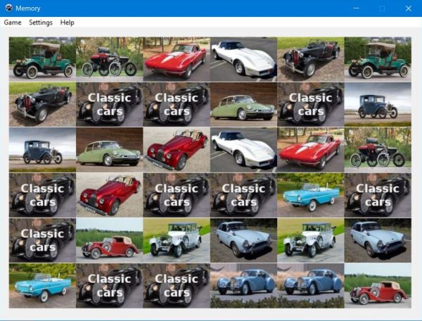 A free Memory game for PC (here with classic cars pictures - series 1)