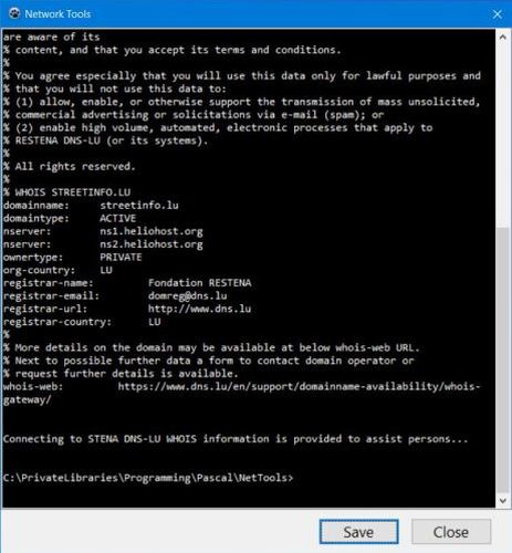 Network tools: Console window (tool output: Whois)