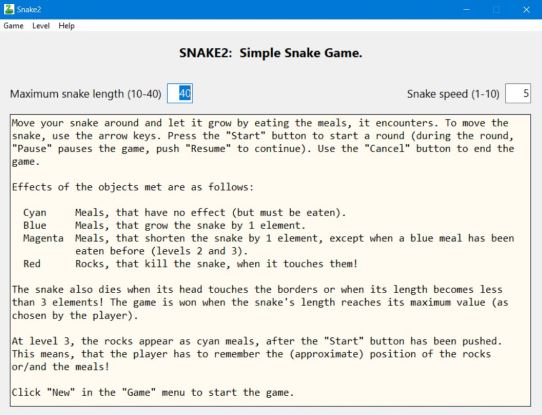 Free Snake game for PC: Main window