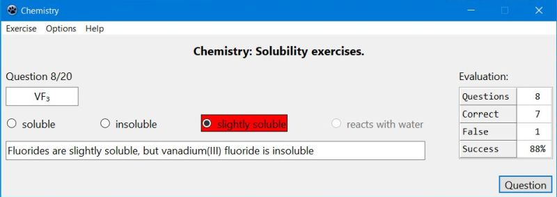 Free chemistry PC application: Solubility of salts exercises
