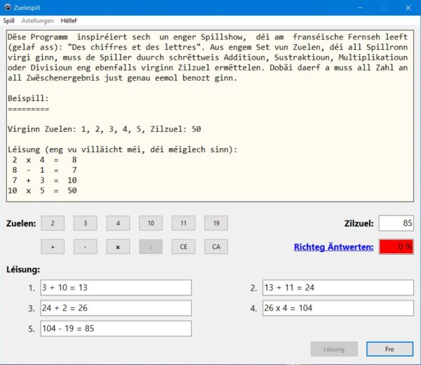 Numbers calculation game in Luxembourgish