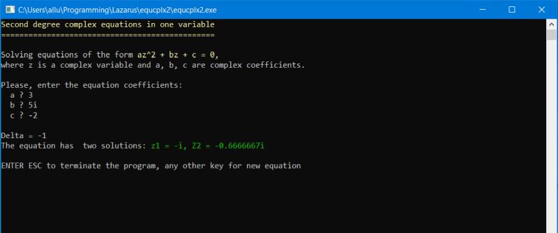 Solving second degree complex equations