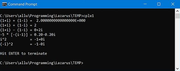 Complex numbers in Free Pascal: Sample program showing the usage of the function CStr to output a complex number