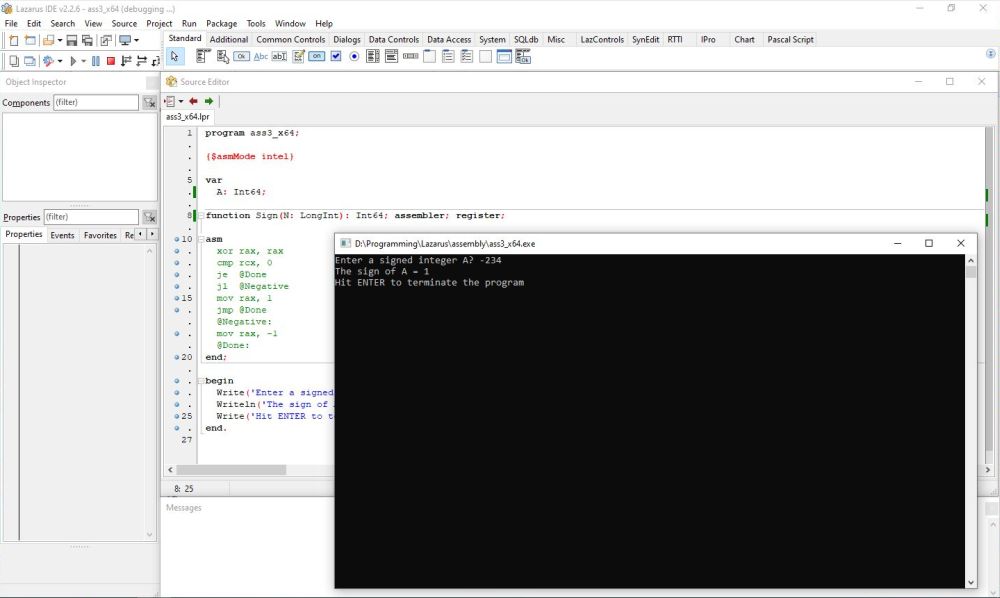 Free Pascal inline assembly: 64-bit 'sign' function with wrong result due to a bad argument size