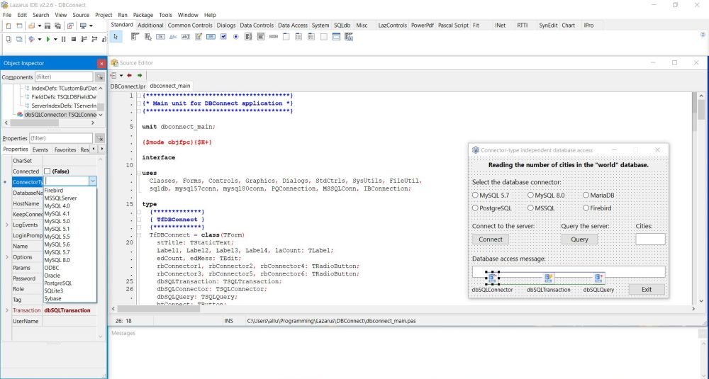 Simple Lazarus multiple connector-types database project: The TSQLConnector object