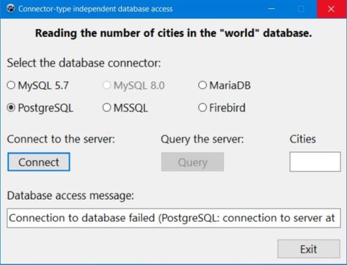 Simple Lazarus multiple connector-types database project: Connection failure to PostgreSQL because the server is not running