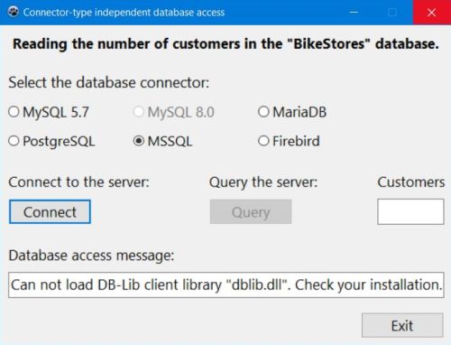 Simple Lazarus multiple connector-types database project: Connection failure to MSSQLServer because the client DLL has not been found