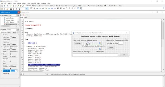 Lazarus database project: The TMySQLConnection component