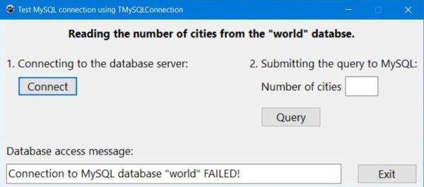 Lazarus database application: MySQL connection failed error