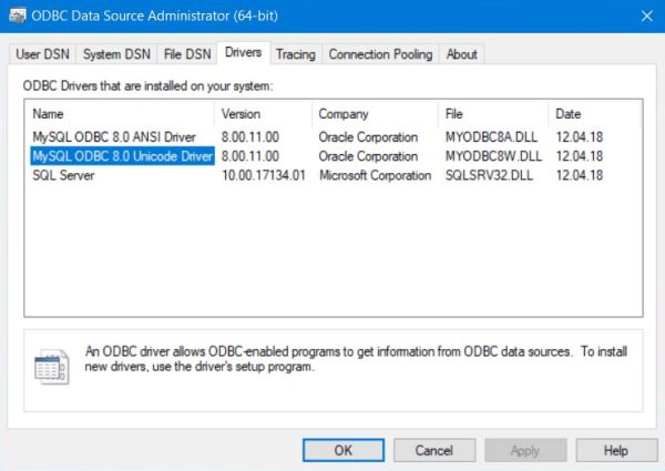 MS Windows ODBC data source administrator