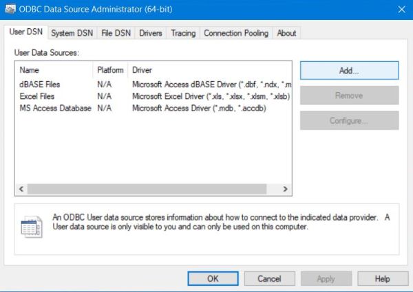 ODBC data source administrator: Adding a DSN for MySQL