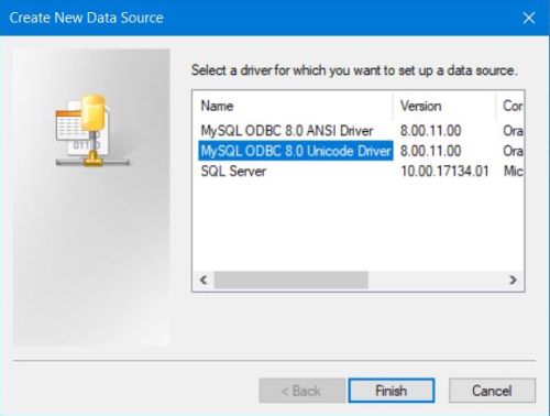ODBC data source administrator: MySQL DSN driver selection