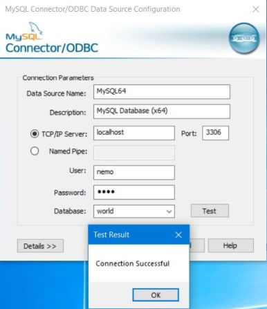 ODBC data source administrator: MySQL DSN connection test