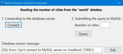 Zeos with Lazarus: Simple MySQL database application - Connection failure (server offline)