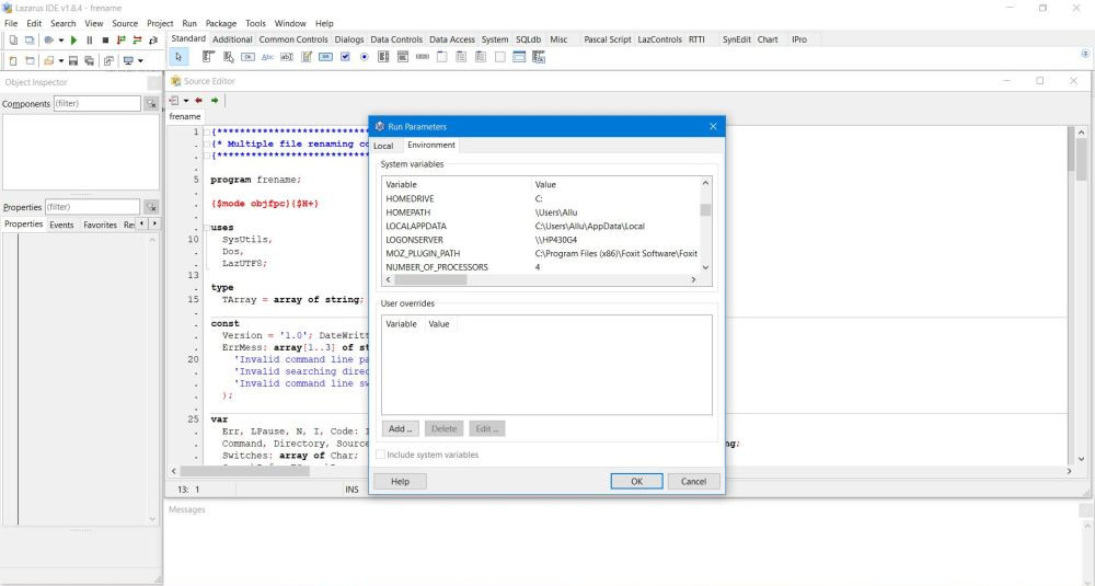 Specifying testing environment variables in Lazarus