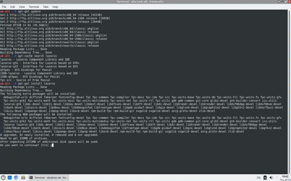 Installing Lazarus on ALT Linux: Starting the installation using apt-get