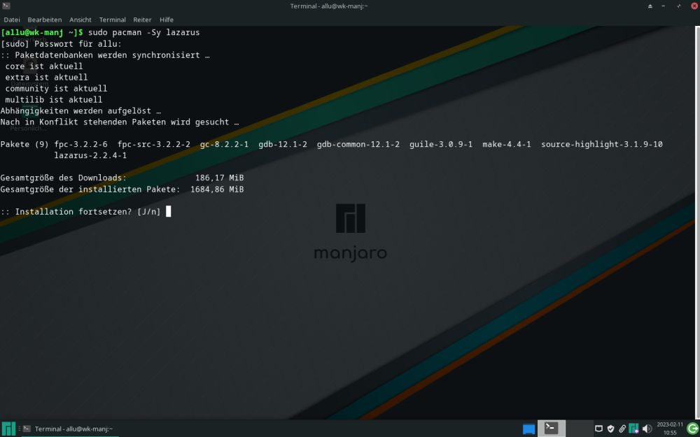 Installing Lazarus on Manjaro: Terminal installation using 'pacman'