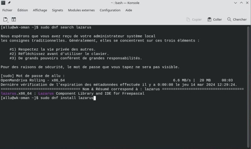 Installing Lazarus on Open Mandriva: Terminal installation using 'dnf'