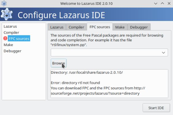 Installing Lazarus on FreeBSD: Configuration of the IDE - fpc sources not found