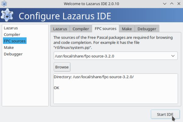 Installing Lazarus on FreeBSD: Configuration of the IDE - Setting the correct path to fpc-source