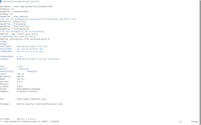 Rebuild of the Free Pascal compiler RPM on OpenSUSE: specfile opened in Vi