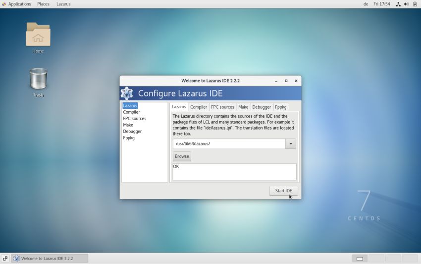 Lazarus startup on CentOS 7: IDE configuration window