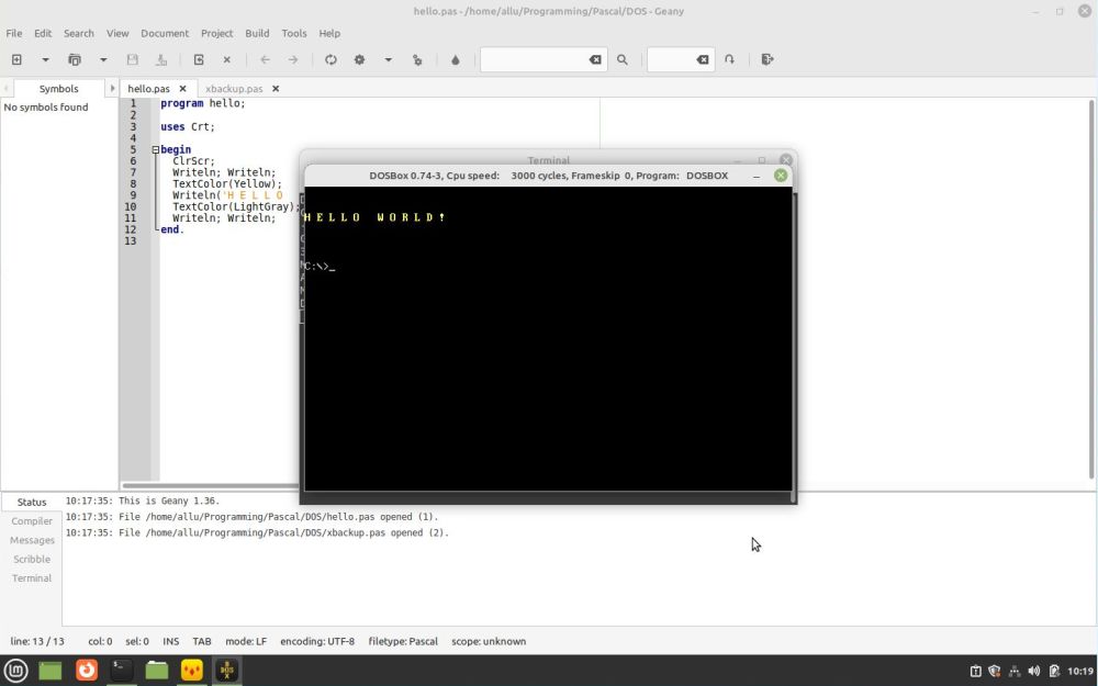 Linux Mint: Testing a 16bit DOS executable from within Geany