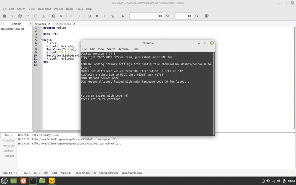 Linux Mint: The terminal used by Geany to launch the DOSBox GUI