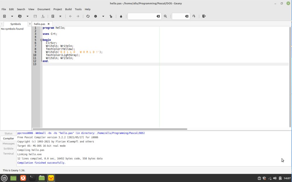 Linux Mint: Building a Free Pascal program for DOS 16bit (in the Geany IDE)