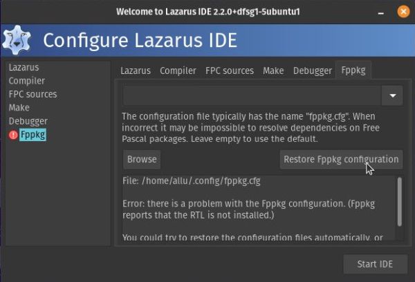 Lazarus/FPC on Pop!_OS: Problem with Fppkg configuration file