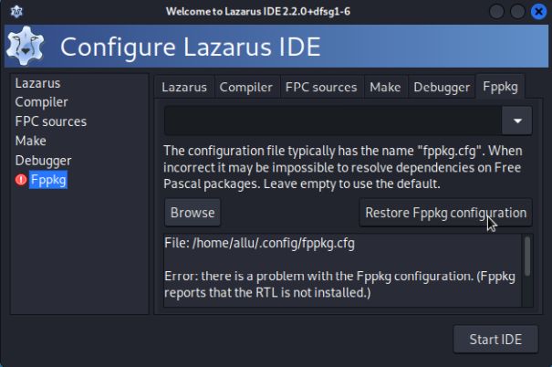 Lazarus/FPC on Kali Linux: Problem with Fppkg configuration file