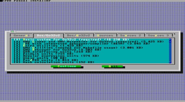 Free Pascal on FreeDOS: Selecting the DOS/go32v2 components to be installed