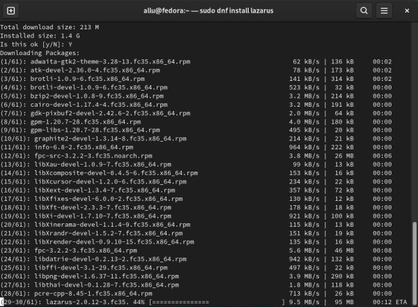 Fedora - Installing Lazarus using dnf: Downloading the new packages