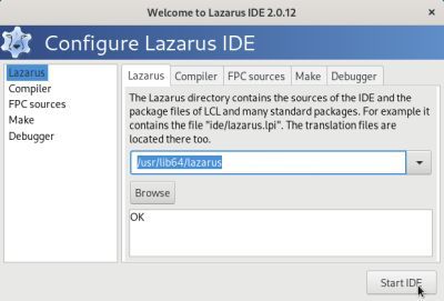 Installing Lazarus on Fedora: The 'Configure Lazarus IDE' window