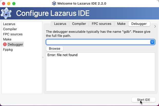 Lazarus configuration window: No debugger found!