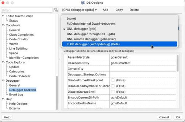 Lazarus debugging on macOS: Selecting the LLDB debugger (with fpdebug) (Beta)