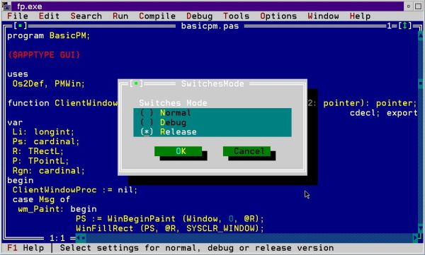 Free Pascal on OS/2: 'fp' IDE - Changing the build mode to 'release'